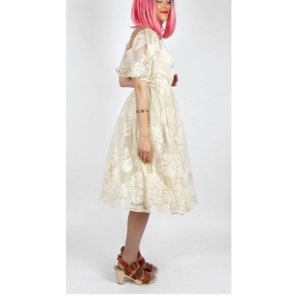 Vintage 1970s Lace Boho Dress w/ Balloon Sleeves by Lilli Diamond | Small - Picture 8 of 9